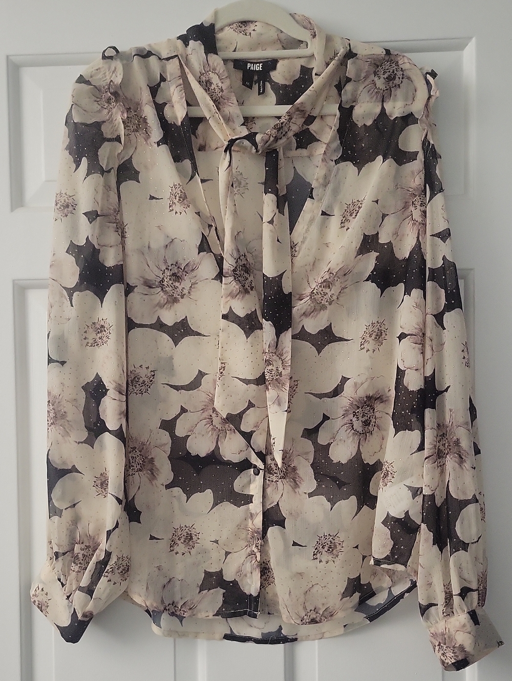 PAIGE Cream & Black Floral Tie-Neck Sheer Blouse